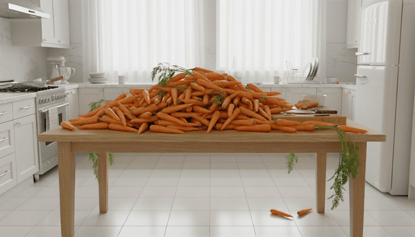 Velká hromada mrkve na stole v kuchyni