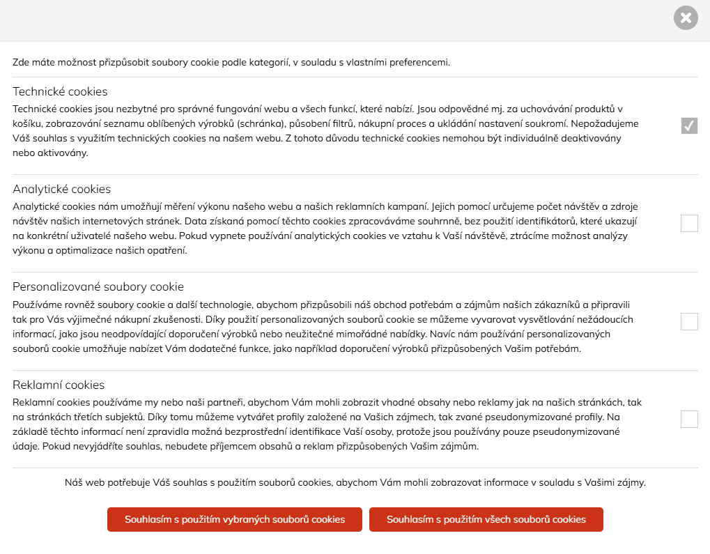 Okno s přizpůsobením cookies, které ale s věkem dále nepracuje.