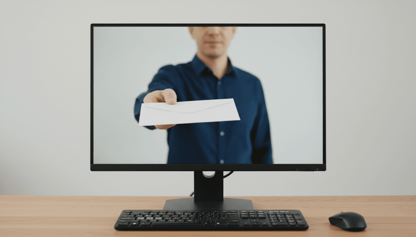 Monitor zobrazující muže, který nám podává dopisní obálku